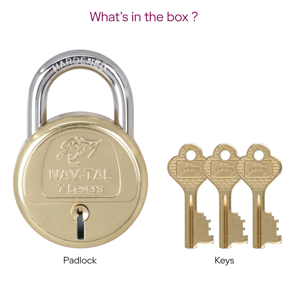 Godrej Locks | Navtal 7 Lever with 21mm Shut Height | 65mm | Heavy Duty Brass Lock with Hardened Steel Shackle | 2 Keys | for Main Doors, Gates, Shutters, Lockers and Warehouses | 1 Yr Warranty I 3290